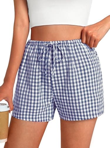 GKBK Boxer Shorts for Women Gingham Pajama 2026 Summer Spring Casual Lounge Sleep Plaid Shorts Y2K Beach Bottoms Blue White Plaid L - Image 1
