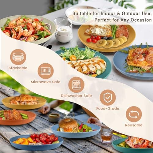 Homienly Wheat Straw Plates, 12-Pieces Unbreakable Dinner Plates - 9 Inch Alternative to Plastic Plates, Unbreakable Microwave and Dishwasher Safe Plate Set for Kitchen, Camping, Party - Multi - Thumbnail 6
