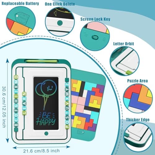 LCD Writing Tablet for Kids Words Learning Drawing Writing Board with 26 Letters 2 Set Puzzles Blocks Educational Toy Kid School Stuff Class Learning Tool for Girls Boys 3+ - Thumbnail 4