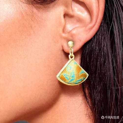 Song Brocade Dangle Earrings for Women Hand-loomed, China Silk Cultural Drop Earrings 16K Gold Plating Gift for Women, Chinese Luxury Dangling Earrings（Yellow) - Thumbnail 4