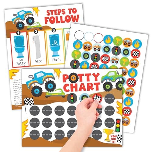 Hadley Designs Potty Training Chart for Toddlers Boys -10 Sticker Potty Chart for Toddlers Boys, 8.5x11" Potty Training Sticker Charts for Toilet Success, Monster Truck Toddler Reward Chart for Kids