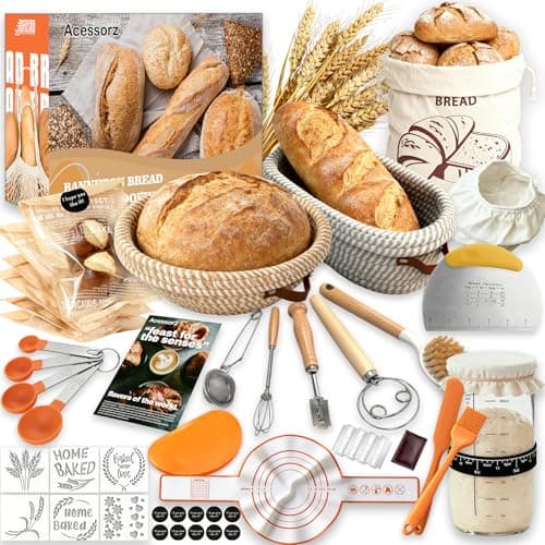 Acessorz Sourdough Bread Baking Supplies,Sourdough Starter Kit,2 Cotton Rope Banneton Proofing Basket,Bread Proofing Basket Making Tool Kit,Sour Dough Kit Tools,Baking Gifts for Women,Bakers,Wife,Mom - Image 1