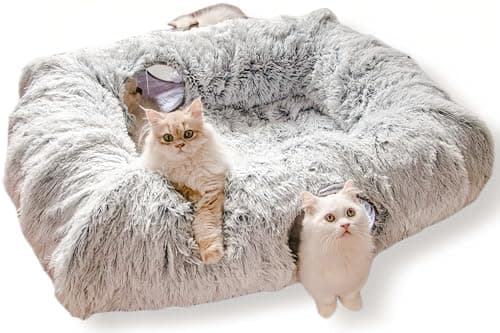 XxingSheep 4 Cave Shuttled XL Cat Tunnel Bed for Indoor Cats Peekaboo Toy Donut with Warm Mat - Image 1