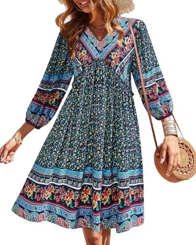 BTFBM Women Casual Spring Summer Dresses V Neck 3/4 Long Sleeve Ruffle Floral Flowy Boho Babydoll Mini Short Beach Dress(Floral Navy, Small) - Image 1