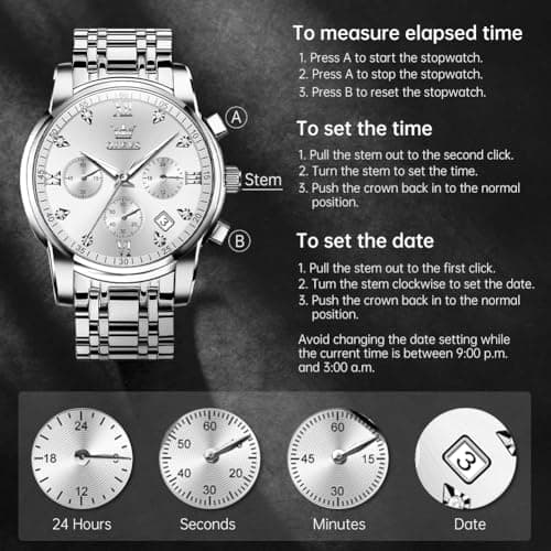 OLEVS Watch Men Silver Watches for Men Stainless Steel Analog Quartz Mens Watches Dress Waterproof Metal Band Luxury Wrist Watch for Man with Day Date Diamond Large Face Chronograph Reloj para Hombre - Thumbnail 5
