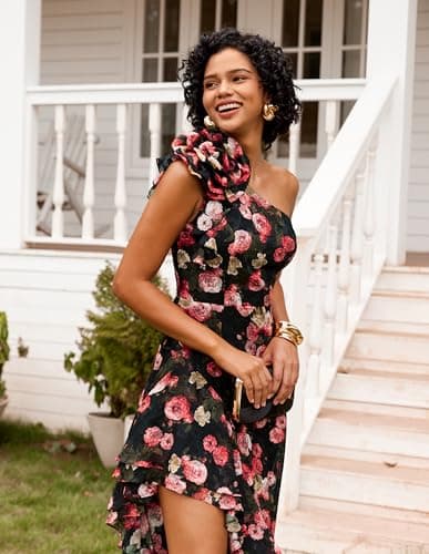 GRACE KARIN Women 2026 Summer One Shoulder Dresses Sleeveless Floral Flowy Boho Smocked Maxi Sundresses Black 8 - Thumbnail 6