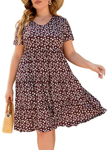 Younrui Plus Size Floral Dress for Women Short Sleeve Scoop Neck Flowy Aline Swing Ruffle Hem Tiered Casual Dresses (3XL-1001-BD Floral) - Image 1