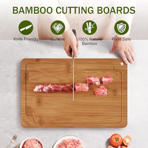 Bamboo Cutting Boards for Kitchen, Wood Cutting Board Set with Juice Grooves & Built-in Handles, Large Medium Small Chopping Board for Meat, Vegetables, Fruit - Thumbnail 3