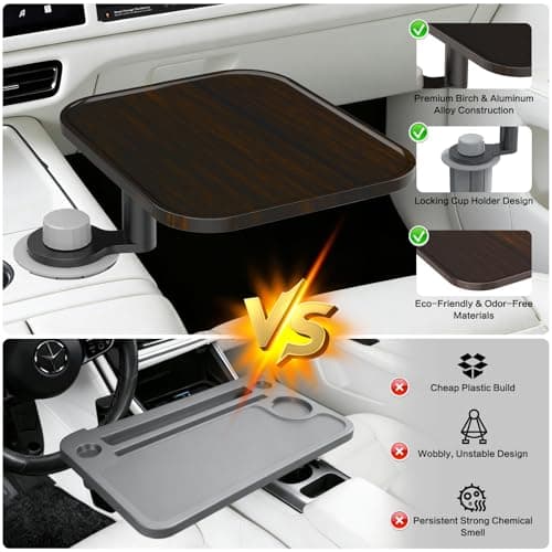 360° Rotation Car Desk for Laptop, Height-Adjustable Cup Holder Table, Wooden Car Food Tray & Laptop Mount Compatible with Tesla Model Y/3/S, Ford F150/Explorer/Maverick & Most Vehicles (Dark Walnut) - Thumbnail 6