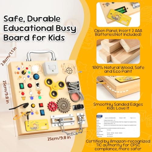 Wooden Busy Board with LED Light Montessori Baby Learning Toys for Toddlers , Sensory Activity Board, Travel Educational Toys, Boy & Girl Birthday Gift (Silver Handle) - Thumbnail 2