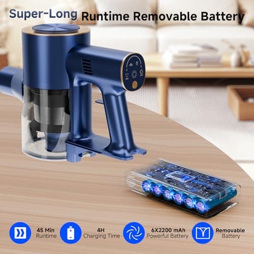 Shieal Cordless Stick Vacuum Cleaner - 45KPA Powerful Suction Vacuum with 45 Min Runtime, Detachable Battery, Anti-Tangle & 1.5L Dust Cup, 8 in 1 Vacuum Cleaner for Pet Hair, Carpet, HardFloor, Blue - Thumbnail 3