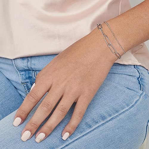 Turandoss Silver Bracelets for Women, 14K Gold Plated Layering Oval Chain Silver Bracelet Cute Silver Layered Beads Chain Silver Bracelets for Women - Thumbnail 4
