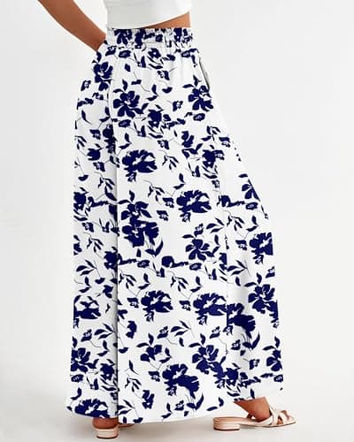 BTFBM Women Casual High Waist Wide Leg Pants 2026 Spring Summer Long Palazzo Pants Pocket Lounge Beach Vacation Clothes(Print White Blue, Small) - Thumbnail 4