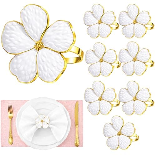 Flower Napkin Rings Set of 8, European Palace-Style Glaze, High-Temperature Fired Ideal for Photography Props, Ribbon Clips, or Curtain Tiebacks, Weddings/Birthdays (White) - Image 1