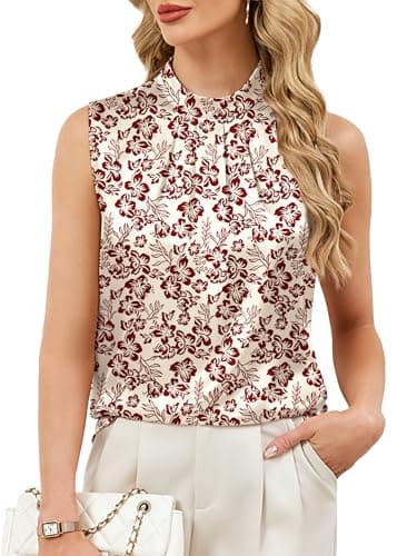 Funlingo Silk Satin Tank Tops for Women Sleeveless Floral Camisole Blouse Dressy Casual Work Shirt Summer Business Casual Outfits Beige Red 2XL - Image 1