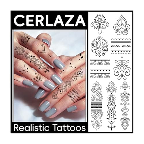 Cerlaza 62 Styles Temporary Tattoos Adult, Henna Hand Finger Fake Tattoos Semi Permanent Tattoo for Women Men, Realistic Long Lasting Small Hannah Tatoo Temporary Kits Stickers Body Art for Neck - Image 1