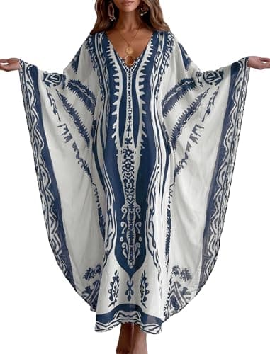 ZAFUL Kaftan Dresses for Women Moo Moos Plus Size O Ring V Neck Batwing Sleeves Beach Cover Ups Hawaii Summer Vacation Outfits Caftan Maxi Dress Loungewear Blue - Image 1