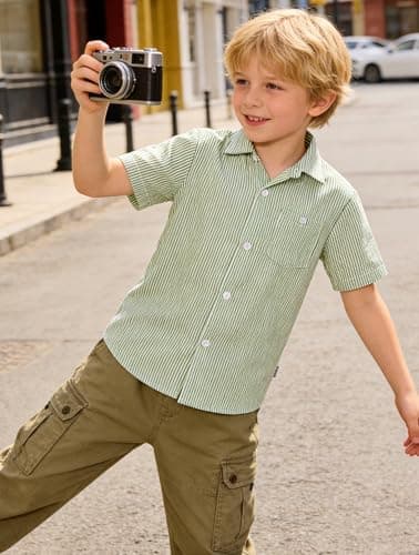 Cozople Boys Button Down Short Sleeve Shirts Lightweigh Soft Seersucker Shirt with Curved Hem Hawaiian Aloha Tops Cusual Chest Pockets Green Stripe - Thumbnail 4
