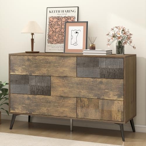 Hadulcet Fluted 6 Drawer Dresser for Bedroom, Modern Chest of Drawers with Push to Open Storage Organizer for Closet, 47” Handleless Wood Dresser TV Stand for Living Room, Entryway Nursery, Dark Wood - Image 1