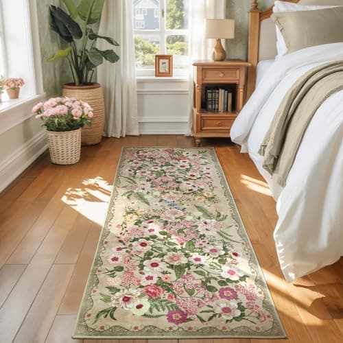 AREAMAY Floral Runner Rug 2x6 - Washable Vintage Kitchen Rug Low Pile Non-Slip Carpet for Entryway Hallway, Laundry, Bedroom - Soft, Stain Resistant Indoor Area Rug - Brown - Image 1