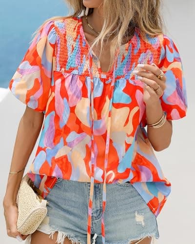 KIRUNDO Boho Tops for Women Summer 2026 Dressy Floral Blouse V Neck Drawstring Short Sleeve Shirts Beach Vacation Clothes(Pink Multicolored, XX-Large) - Thumbnail 4