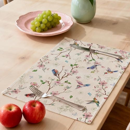 Cusugbaso Spring Placemats Set of 4 12x18 inch for Dinning Table - Floral Bird Branch Spring Decor for Party, Dinner - Farmhouse Seaosonal Table Mats Floral Decroations for Home - Thumbnail 2