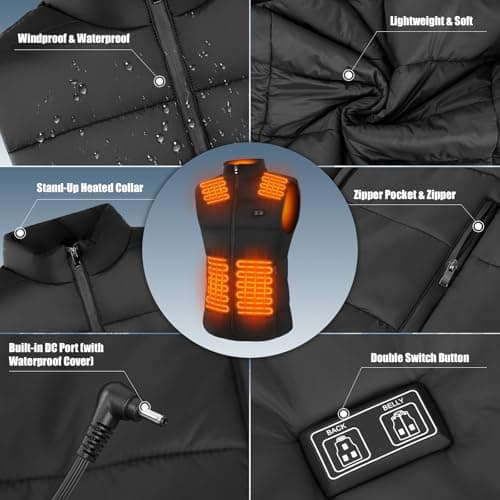 Deepoter Heated Vest for Men, 7.4V Heated Jacket with 8 Heating Zones, 3 level Temperature Control with 10000mAh Battery(L) - Thumbnail 5