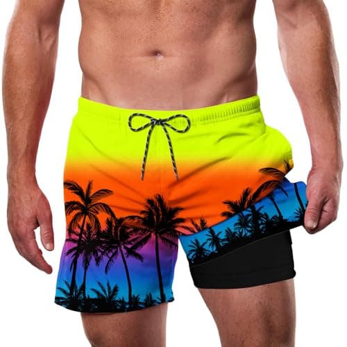 Cozople Men's Swim Trunks Compression Liner Quick Dry 2 in 1 Beach Board Swim Shorts Summer Palm Tree Bathing Suits with Pockets Outdoor Camping Hiking Climbing Beach Volleyball - Image 1