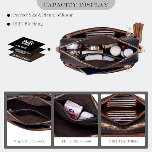 Roulens Triple Zip Small Crossbody Bag for women,Wide Strap Cell Phone Purse Shoulder Handbag Wallet with Credit Card Slots - Thumbnail 3