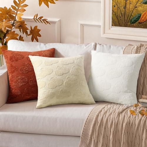 decorUhome Decorative Two Cream White Pumpkins Thanksgiving Throw Pillow Covers 18x18 Set of 2, Soft Chenille Jacquard Farmhouse Textured Pillow Covers for Couch Sofa Autumn Harvest Halloween Holiday - Thumbnail 4