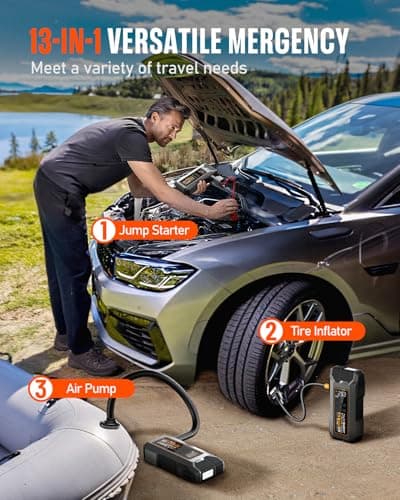 NOVSIGHT Jump Starter With Air Compressor - 6000A 13-in-1 Portable Jump Box for Car Battery, 12V Jump Starter Power Pack(ALL Gas/10L Diesel) 150PSI Auto-Shut Tire Inflator & Air Inflator/Deflator Pump - Thumbnail 2