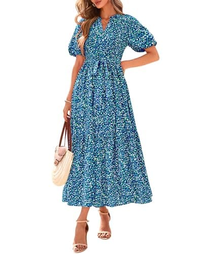BTFBM Summer Dresses for Women 2026 Boho Short Sleeve V Neck Button Belt Flowy Spring Clothes Beach Vacation Maxi Dress(Print Aqua Green Blue, Small) - Image 1