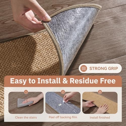 PADOOR Tufted Stair Treads for Wooden Steps 15PC, Soft Peel and Stick Stair Treads Non Slip Indoor, Adhesive Stair Runner Residue Free Stair Carpet Treads Washable for Kids Pets Elders, 8"x30" Beige - Thumbnail 4