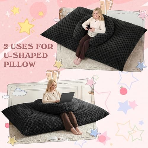 HABUTWAY 3 in 1 Bean Bag Chair with Portable U-Shaped Pillow, Giant Bean Bag with Washable Cover, Convertible Sofa Bed (Black) - Thumbnail 6