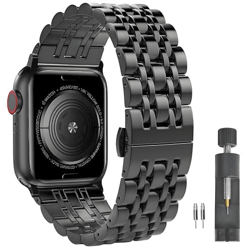 PUGO TOP Luxury Stainless Steel Band Compatible with Apple Watch Ultra 3/2/1 (49mm) & Series 11 10 9 8-1 SE 3/2/1 (46/45/44/42/41/40/38mm), Professional Business Dressy Metal Strap with Butterfly Clasp for Men Women, Adjustable Link Two-Tone Bracelet with Removal Tool - Image 1