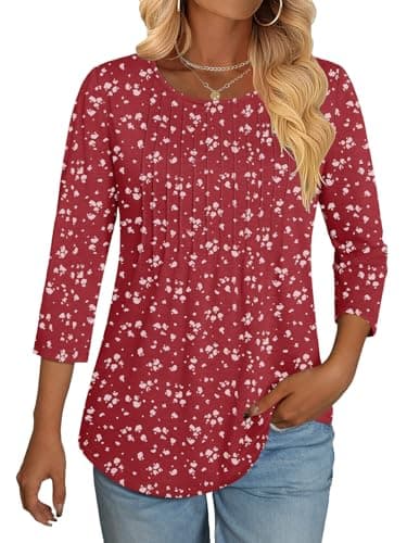 NORACORA 3/4 Length Sleeve Womens Tops Crew Neck Loose Fit Shirts Pleated Cute Clothes Dressy Casual 2026 Summer Tunics Green Floral L - Image 1