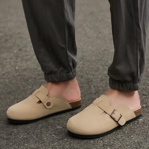 Khaki Clogs for Women Men Suede Clogs Adjustable Buckle Mules Classic Antislip Home Slippers Cork Footbed Clog Unisex - Thumbnail 6