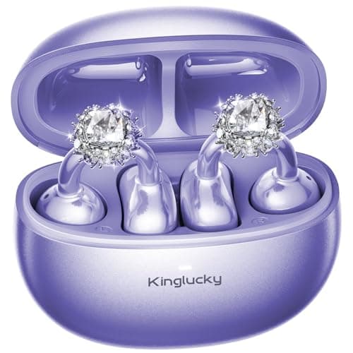 Kinglucky Jewelry-Inspired Clip-On Earbuds with Diamond Earrings, Comfortable Fit & 40H Playtime Open Ear Bluetooth 5.4 Wireless Headphones for Women, Small Ears, Sports & Workouts (Purple)