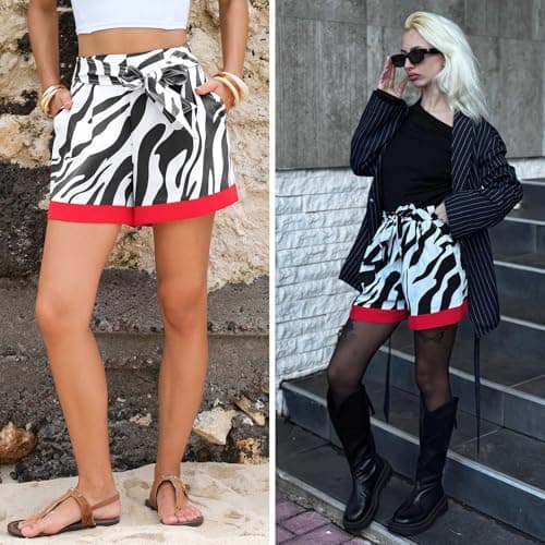 EXLURA Womens High Waist Boho Shorts Zebra Print Color Block Tie Knot Summer Beach Vacation Flowy Shorts with Pockets 2026 Black - Thumbnail 5