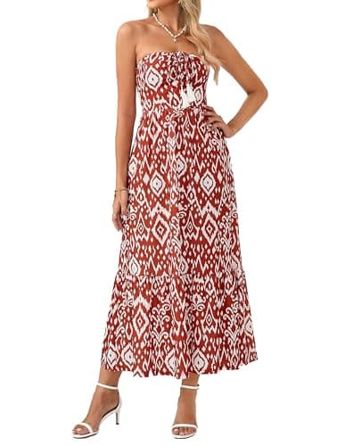 GRACE KARIN Strapless Floral Maxi Dress,Summer Casual Tube Top Boho Dresses,Beach Smocked Flowy Dress with Pockets Red M - Image 1