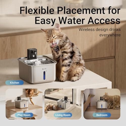 DownyPaws Cat Water Fountain Stainless Steel Wireless, 101 oz/3L FurSink Cordless Water Fountain for Cats, Battery Operated Cat Fountains for Drinking with Motion Sensor, Easy Clean, Metal - Thumbnail 3
