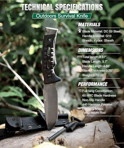 HX OUTDOORS Fixed Blade Camping Knife with Fire Starter, Premium DC54 Steel Full Tang Bushcraft Survival Knife with Kydex Sheath for EDC,Outdoor,Camping,Hiking（Black2 - Thumbnail 3