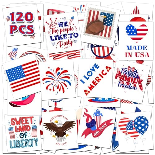 HSHFAMIIY 4th of July Outfits for Women - 4th of July Temporary Tattoos, 120 PCS USA Flag Patriotic Tattoos, USA Flag, Fireworks, Eagle, Statue of Liberty, Independence Day, Memorial Day - Image 1