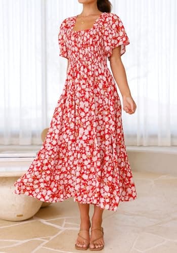 BTFBM Women's Clothing Wedding Guest Dresses Casual Boho Floral Short Sleeve Smocked Maxi Beach Spring Summer Dress 2026(Floral Red White, X-Large) - Thumbnail 6