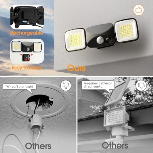 Allotall Rechargeable Battery Operated Lights 3-5 Months Endurance Motion Sensor Light Outdoor High Brightness, USB Charging Flood Light for Garage Entryways Yard Indoor Black 2Pack (Small Size) - Thumbnail 3