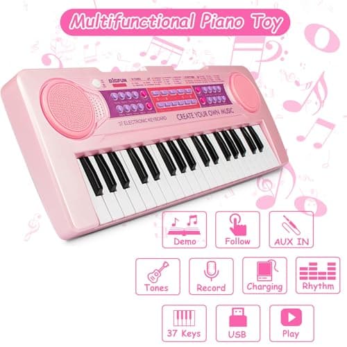 EOOLEOW Kids Piano Keyboard Toys, 37 Keys Music Keyboard Piano for Kid with Microphone, Learning Educational Toddler Keyboard Toys for Kids Ages 3-8 (Pink) - Thumbnail 6