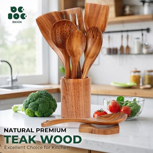 Bkiok Teak Wood Utensil Set, Wooden Utensils set for Kitchen Handmade Cooking Utensil Set with Spoon Rest and Utensils Holder (9Pcs) - Thumbnail 3