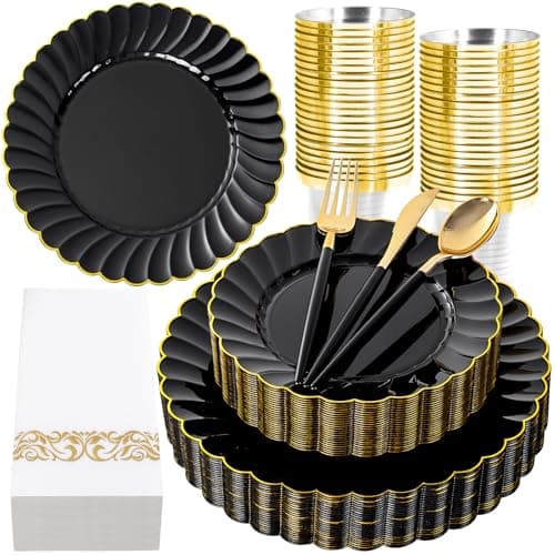 Ciaell 175 PCS Black Scalloped Plastic Plates with Gold Trim - Black Plastic Silverware with Handle - Fancy High-End Dinnerware Sets for Wedding & Party - Image 1