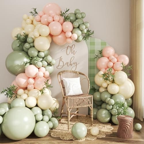 Pink and Green Balloon Arch Kit 124Pcs Sage Green Peach Ivory White Balloons Different Size for Baby Shower Wedding Bridal Shower Birthday Gender Reveal Party Decorations - Image 1