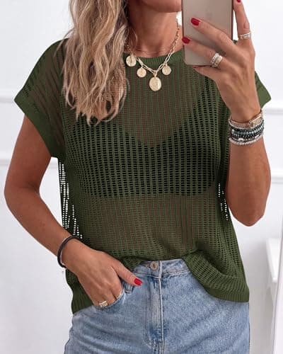 KIRUNDO Crochet Tops for Women 2026 Summer Beach Vacation Clothes Cover Up Mesh Top Lightweight Sweater Cruise Resort Wear(Army Green, Large) - Thumbnail 2